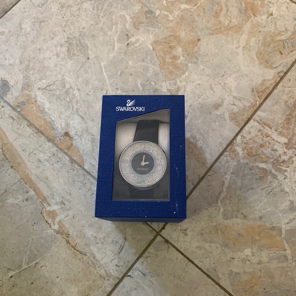 Swarovski Crystalline Silver/Grey Watch With Genuine Leather Black Band 5024453